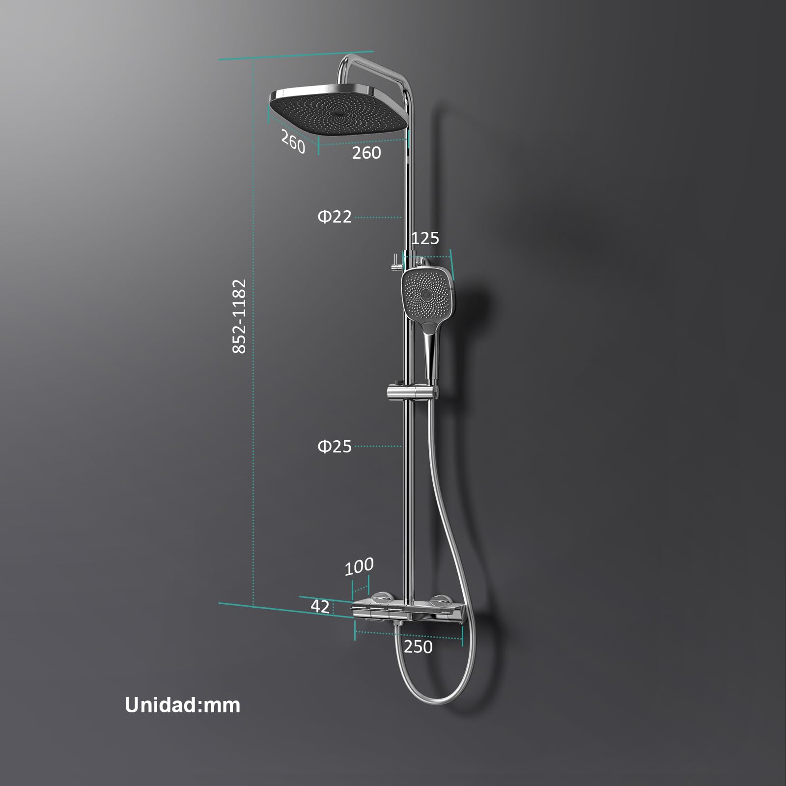 EMKE Sistema de Ducha con Termostato, Conjunto de Ducha con Columna de Ducha, Cabezal de Ducha de Mano con 3 Chorros, Ducha de Lluvia, Sistema de Ducha Cromado