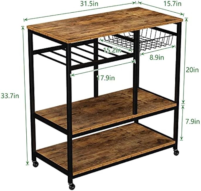 DlandHome Industrial Kitchen Baker¡¯s Rack cart with Wheel, 31.5 Wood Standing Rolling Microwave Oven Stand, Metal Frame, Utility Storage Shelf, Wire Basket-TSvpmgdh