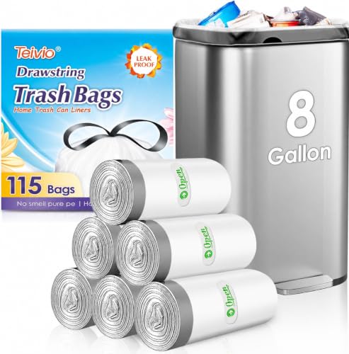 Image of Teivio 8 Gallon 115 Counts Strong Drawstring Trash Bags Garbage Bags, Medium Kitchen Trash Can Bathroom Bin Liners, Plastic Trash Bags for Home Office Kitchen, White