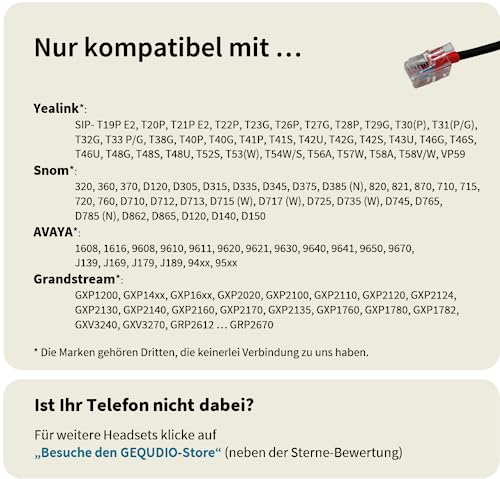 GEQUDIO Headset kompatibel mit Yealink, Snom, Avaya, Grandstream Telefon - inklusive RJ Kabel - Kopfhörer & Mikrofon mit Ersatz Polster - besonders leicht 60g (1-Ohr)