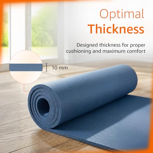 Image of Amazon Basics NBR Yoga & Exercise Mat with Carrying Strap | 10 mm Thick Cushioned Support | Non-Slip Textured Surface | Durable Foam Rubber Material | Floor Protection | Ideal for Yoga, Pilates & Home Workouts | 183 x 61 cm | Blue