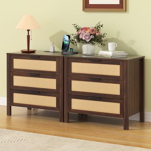 HOMMPA Rattan Night Stand with Charger Station Set of 2, 26'' Wide Boho Nightstand with 3 Drawer, Modern Bedside Table with Plug, Bed Side End Table Dresser with Open Shelf for Bedroom, Walnut - image 1