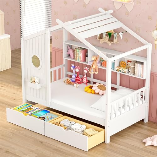 Image of Modern Twin Size House Bed with Roof and Window, Wooden Daybed Frame with Shelves and 2 Drawers,Bedroom Furniture for Girls & Boys (White+2 Drawers /)