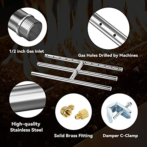 Image of Skyflame 12 inch x 6 inch Rectangular Gas Fire Pit and Fireplace H-Burner with 3 Pipes - 304 Stainless Steel - for Indoor & Outdoor Use