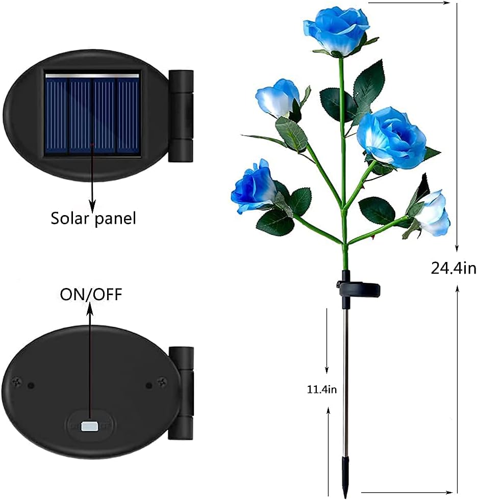 Outdoor Realistic Solar Powered Rose Flower Lights Stake,2 Pack 10 Rose Solar Garden Decorative Waterproof Lights for Backyard Patio Pathway Xmas Decoration-Blue