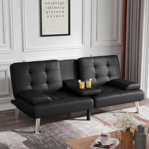 Image of Flamaker Futon Sofa Bed, Black Faux Leather Convertible Loveseat Couch