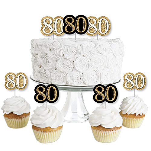 Adult 80th Birthday - Gold - Dessert Cupcake Toppers - Birthday Party Clear