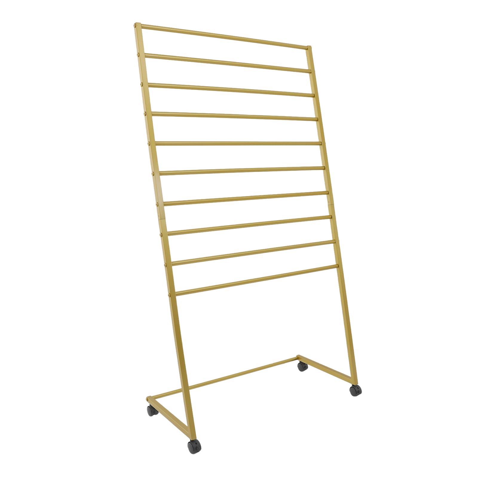 Gold Scarf Display Stand Rolling 10-Tier Scarf Hanger Stand Metal Scarf Holder Organizer with Wheels Freestanding Scarf Rack for Clothing Store Shop Home Bedroom Tie Pants Organization, Gold