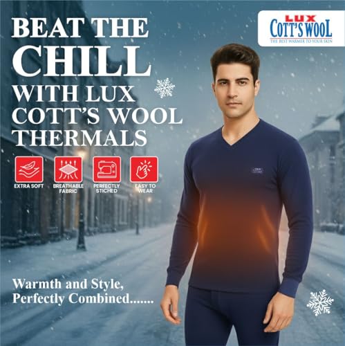 Image of Lux Cottswool Men's Cotton Thermal Set | Top & Bottom Body Warmer | V-Neck Winterwear | Full Sleeves & Snug Fit with Stay Warm Technology | Skin Friendly with Superior Heat Retention