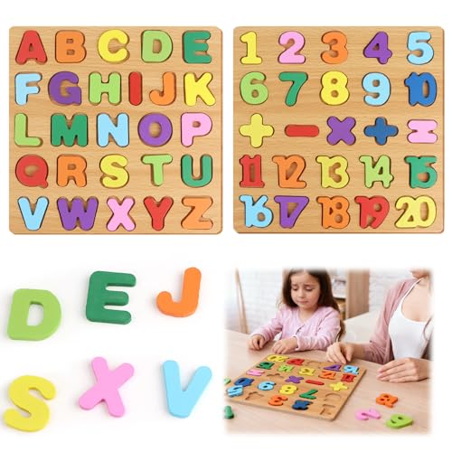Lot de 2 Puzzles en Bois Alphabet et Chiffres, Jouets Éducatifs ABC pour Tout-Petits 3+, Blocs en Bois Colorés pour Apprentissage Précoce, Montessori,...