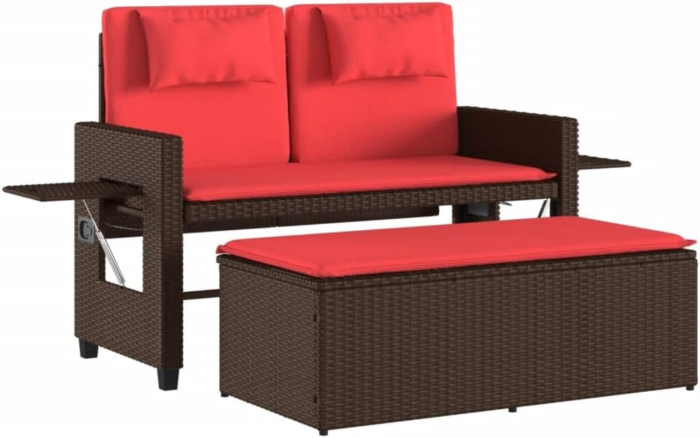 Patio Benches Reclining Patio Bench with Cushions Brown Poly Rattan,Adjustable Garden Bench with Sofa Bed Function for Outdoor Patio Space Outdoor Furniture & Accessories
