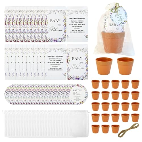 25 Sets Baby In Bloom Baby Shower Favors for Guests Include Mini Terracotta Pots Seed Packets Self Adhesive Envelopes Greeting Cards Organza Bags Thank You Gifts for Party Supplies Wildflower Theme
