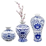 AuldHome Blue and White Porcelain Vases Set of 3, Mini Decorative Bud Vases for Farmhouse,...