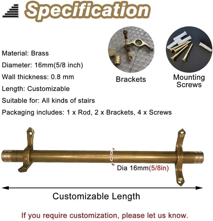 Brass Stair Runner Rods 5/8" with Brackets, Durable Carpet Securing Poles, Easy Install, Custom Lengths Available, 3/5/10/12/15 Pack Options (3pcs, 20in)