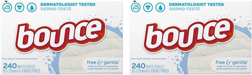 Bounce Free & Gentle Dryer Sheets, 240 Sheets, Unscented Fabric Softener Sheets, Hypoallergenic and Dermatologist Tested (Pack of 2)
