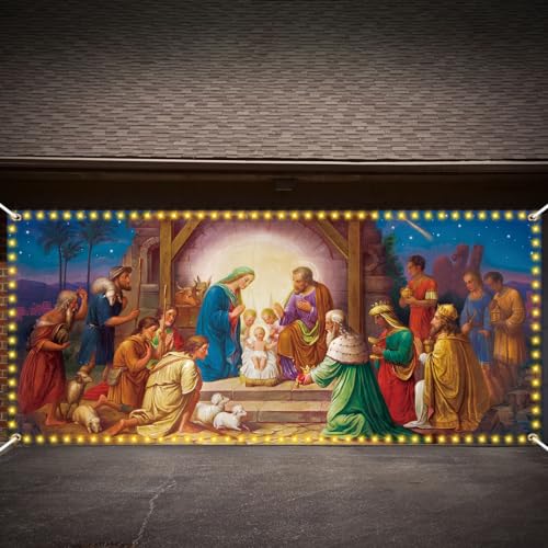 Bannière de porte de garage crèche de Noël Tatuo en textile premium et illumination intégrée