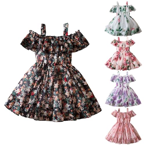 Toddler Girls Dress Spring Summer Cold Shoulder Swing Dress with Ruffle Trim Floral Princess Party Birthday Dresses3