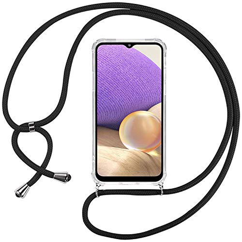 Ingen Funda con Cuerda para Samsung Galaxy A32 5G, Carcasa Transparente TPU Suave Silicona Case con Correa Colgante Ajustable Collar Correa de Cuello Cadena Cordón, Negro Cover