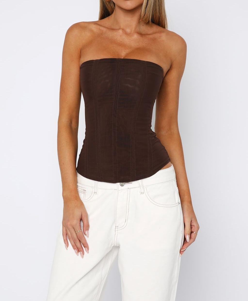 NJWTSDTZ Women Sheer Mesh Bustier Top Y2k Vintage Strapless Boned Corset Sexy Shapewear Tube Top Going Out Party Overbust - Image 2