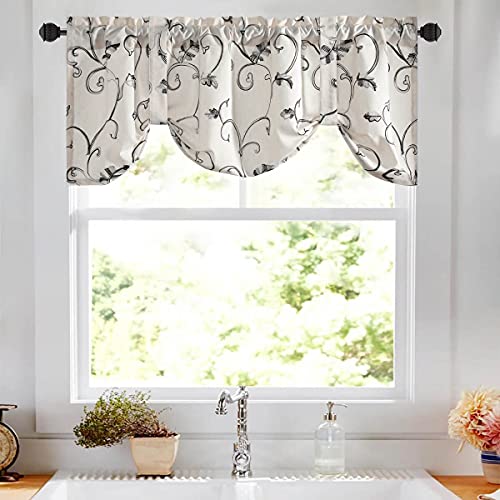 Vogol Tie-Up Valance For Kitchen Windows Tie Up Curtains For Windows Embroidery Adjustable Balloon Window Shades Rod Pocket Tie-Up Valances For Cafe, 52 X 18 Inches, One Piece #TOP1