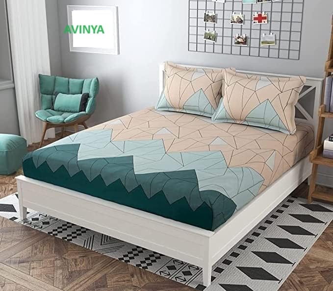 Image of Avinya Cotton Feel Glace Cotton Elastic Fitted Printed Queen Size Double Bed Bedsheet with 2 Pillow Cover(72 inch x72, Pastle Green)