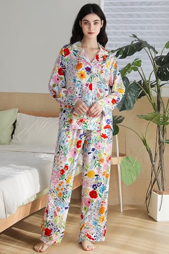 Image of YiNi LuLu Womens Silk Satin Pajamas Set Button Down 2 Piece Pjs Long Sleeve Oversized Sleepwear with Pockets