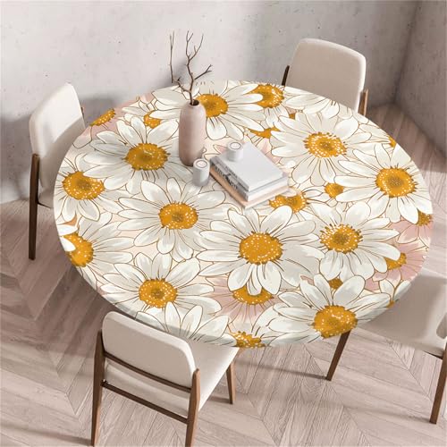 Treer Mantel Antimanchas Redondo, Hermoso Estampado de Margaritas Manteles de Mesa con Ajustable Borde Elástico, Mantel Mesa Redonda, Manteles Lavable Exterior para Picnic Comedor (Rosa,200cm)