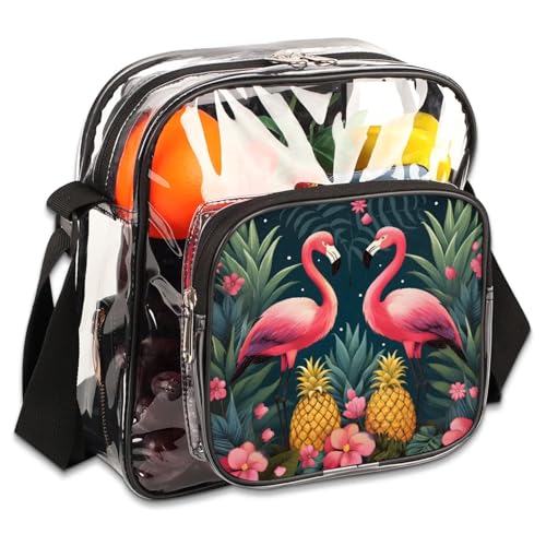 Clear Crossbody Bag Stadium Approved Birds Flamingo Transparent Bag for Festivals, Sports Events, Concerts,Beach Bag for Women Men Bird Clear Purse with Front Pocket Messenger Bag