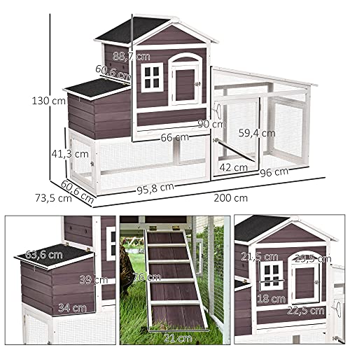 PawHut Zwerghühnerstall mit Auslauf Nistkasten Zwerghühnerhaus mit Stange Massivholz Dunkelrot 200 x 73,5 x 130 cm – Bild 8