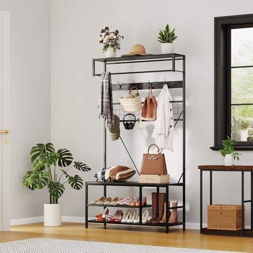 Hall Tree with Bench and Shoe Storage, 5 in 1 Coat and Shoe Rack with Adjustable Shelf, 39.37" Entryway Shoe Bench with Coat rack, Hanging Rod and 9 H