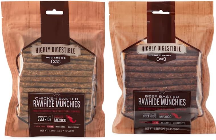 Rawhide Chew Sticks for Dogs Chicken and Beef 80 Count - Beefhide Rawhide Munchies Highly Digestible Dog Chew Sticks with Probiotics - Handcrafted Long Lasting Dog Chews Dental Treats (2x40ct Bags)