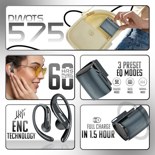 Image of ACwO DwOTS 575 Wireless Open Ear Wireless Earbuds, All-Around Awareness, 60H Playtime, ENC Technology, Long-Term Comfort, 10mm Drivers, 3 EQ Modes, Fast Charge 1.5Hrs (Midnight Black)