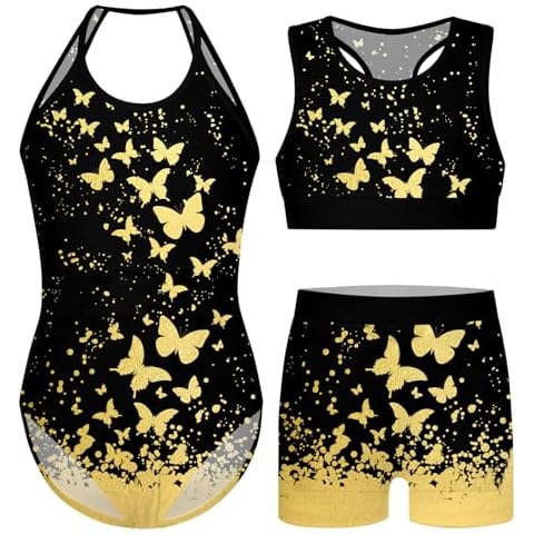 Vogseek 3 Piece Butterflyss Leotards for Girls Gymnastics with Shorts Black Golden Sparkly Ballet Dance Sets Kids Girl's Activewear Gym Split Gymnastics Outfits Suit, 5-6 Year Old Cover