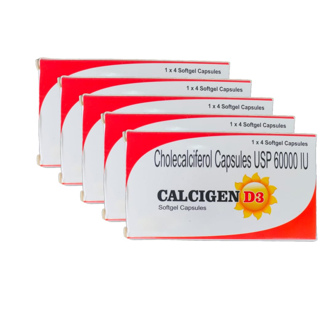 Calcigenn D3 Capsule | Cholecalciferol 60000 IU Vitamin D3 (5 Strip Calcigenn D3 Capsule) Vitamin D3 Supplement for Bone Strength & Immune Support Total 20 Capsules