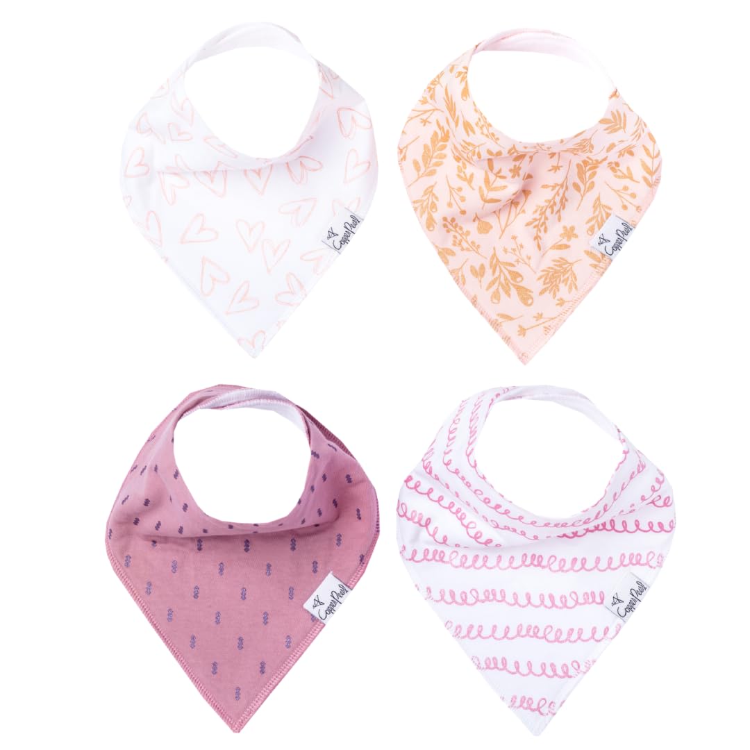Copper Pearl 4 Pack Soft Cotton Baby Bibs for Drooling and Teething, Absorbent Drool Bibs for Baby Girl and Boy, Adjustable to Fit Newborns to Toddlers, Tons of Styles (Lola)