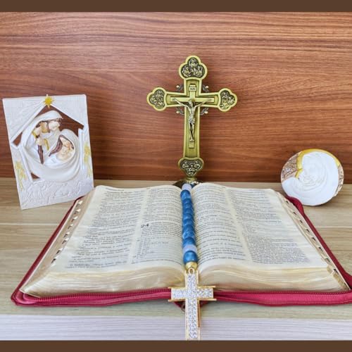 Crucifixo de Mesa em Metal 20cm com os 12 Apóstolos Pedestal Proteção Decoração