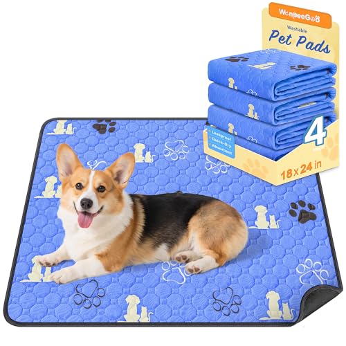 Image of WanpeeGoo Washable Pee Pads for Dogs, 4 Pack Absorbent Reusable Training Dog Pads Pet Puppy Pads, Non-Slip Potty Pads for Whelping, Playpen, Crate, Bed, Blue 18 inchx24 inch