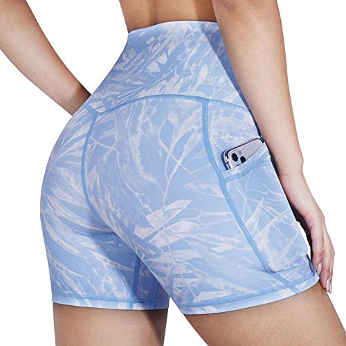 KOEMCY Pantalones Cortos Deportivos para Mujer Leggins Cintura Alta Shorts Mallas Elásticas Leggins con Bolsillos Running Pantalones Cortos de Yoga para Fitness Deporte Running Ciclismo (Azul, L)