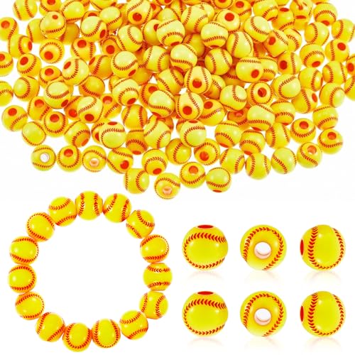 Taiyin 200 Pcs Baseball Beads with 1 Roll of Elastic Rope 10.5 mm Acrylic Beads for Jewelry Making Softball Sports Baseball Craft Supplies Acrylic for DIY Making