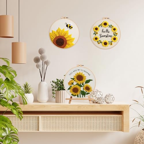 Image of Nuberlic Sunflower Embroidery Kit 3 Pack Embroidery Kits for Adults Beginners Starter Cross Stitch Kit Set with Sunflower Floral Designs - Perfect DIY Gift