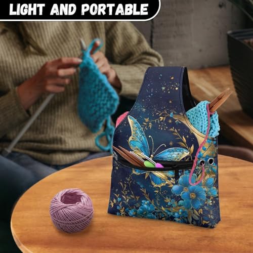 Image of KUIFORTI Butterfly Yarn Bag Blue Knitting Bags Crochet Bag Organizer, Drawstring Yarn Storage Knitting Bags, Yarn Holder for Crocheting Project, Store Skein Ball, Needles Accessories Small Size