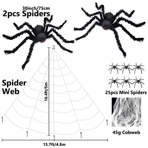 MOVINPE 200\" Halloween Spider Web + 2pcs 30\" Giant Fake Spider + 25pcs Mini Spiders, Huge Triangular Spider Web for Indoor Outdoor Decorations Yard Home Haunted House Party Décor