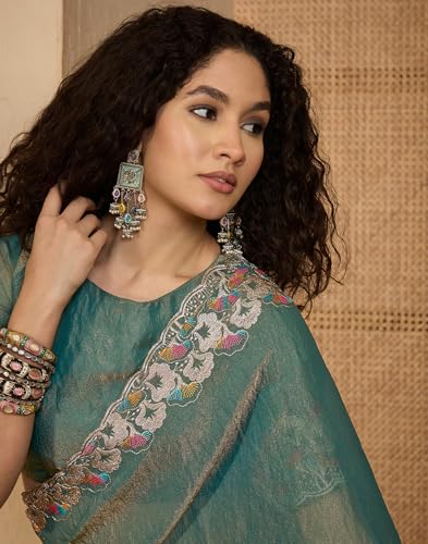 Image of SIRIL Women's Shimmer Georgette Scalloped Border Sequins Embroidery Saree with Unstitched Blouse Piece