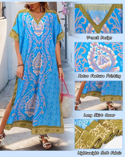 Nidoul Kaftan Dresses for Women Plus Size Bathing Suit Cover Up Long Swimsuit Coverup Swim Summer Beach Caftans Loungewear, Blue Boho — view 6