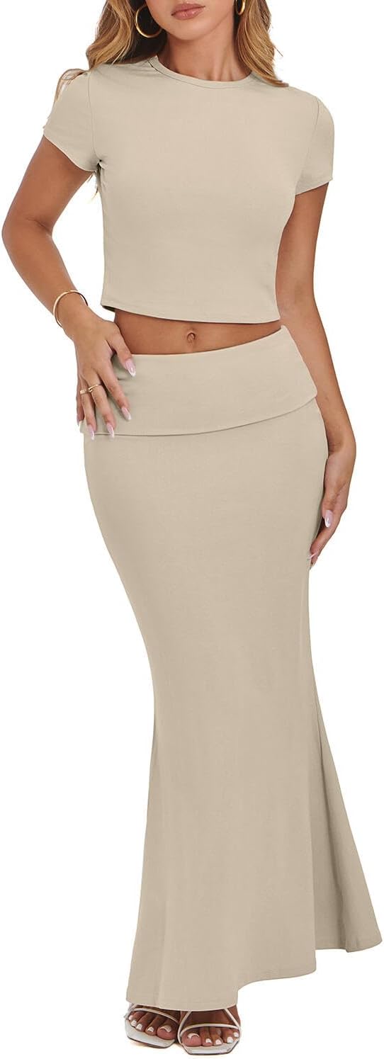 CHYRII Womens Two Piece Sets Short Sleeve Crewneck Cropped Top Bodycon Fold Over Maxi Skirt Maxi Dress Outfit - Image 6