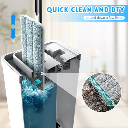 Mop-and-Bucket-with-Wringer-Set-Hands-Free-White-Flat-Squeeze-Mop-Bucket-Set-for-Floor-Cleaning-and-Wall-Cleaner-with-Long-Handle-with-2-Reusable-Microfiber-Pads