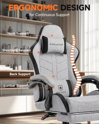 Image of GTPLAYER Gaming Chair for Adults, Computer Chair with Footrest, Grey | Ergonomic Video Game Chair with 90-155 Recline, Removable Headrest & Lumbar Support, All-Day Comfort for Home & Office