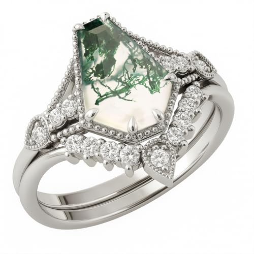 Black Wedding Ring Set For Women, 2.7 Ct Genuine Green Moss Agate Black Band Two-In-One Wedding Rings For Bridal Unique Coffin Cut Natural Moss Agate Engagement Ring Gift For Her3