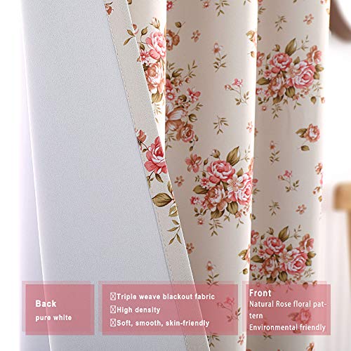 Image of Autumn Dream Rose Beige Blackout Soundproof Curtains Panels for Bedroom Grommet Top Floral Farmhouse Curtains Drapes for Living Room, Dining Room,52 by 96Inch