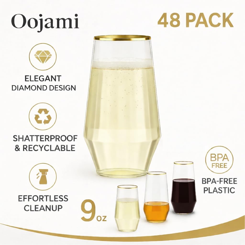 48 Pack Diamond Unbreakable Stemless Plastic Wine Stemless Toasting coacktail Glasses, Durable 9 Oz BPA-Free Disposable Champagne Flutes for Weddings, Bars, Events, and Celebrations (Diamond Gold Rim)